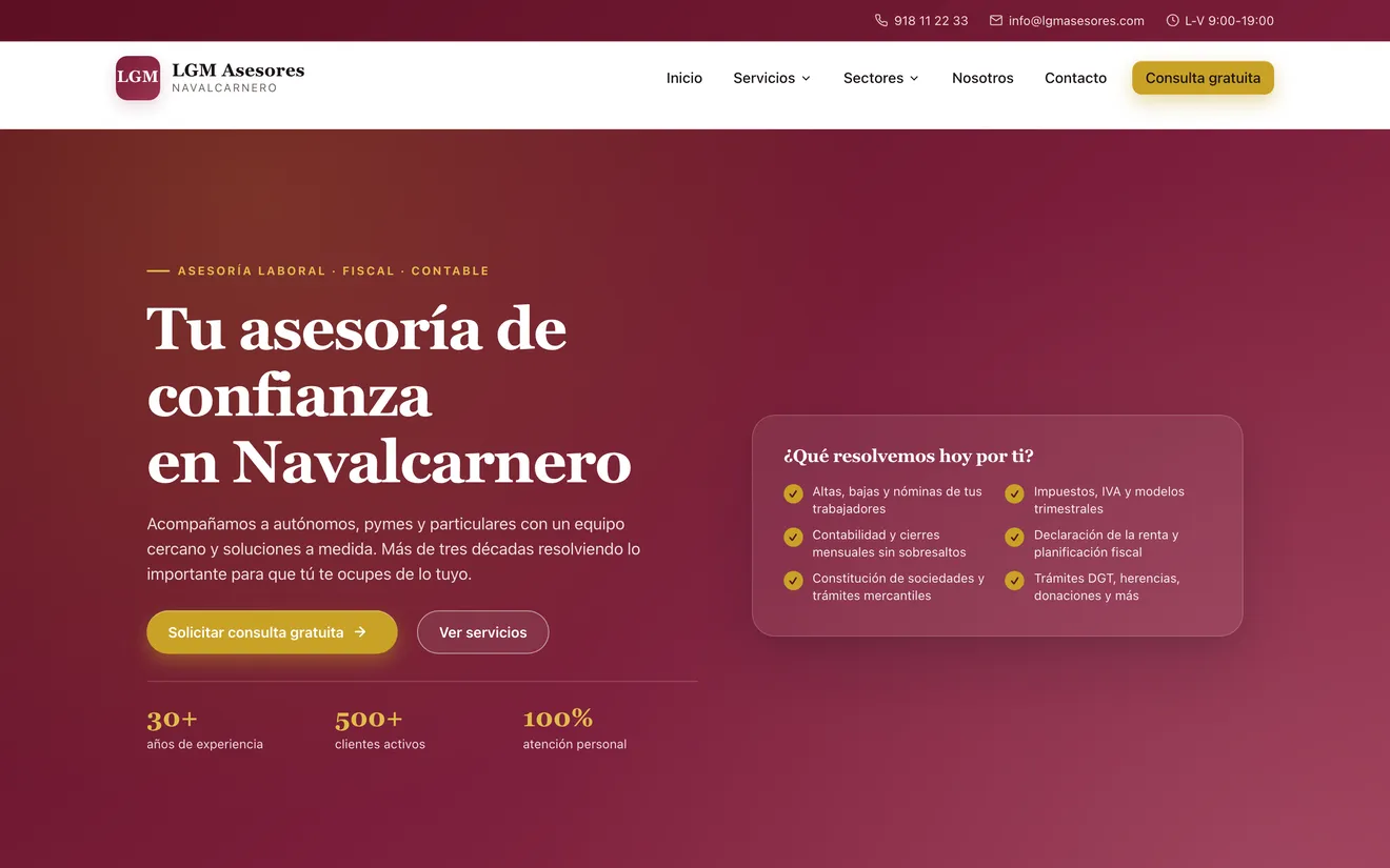 Portada de lgmasesores.com: fondo granate con el titular Tu asesoría de confianza en Navalcarnero