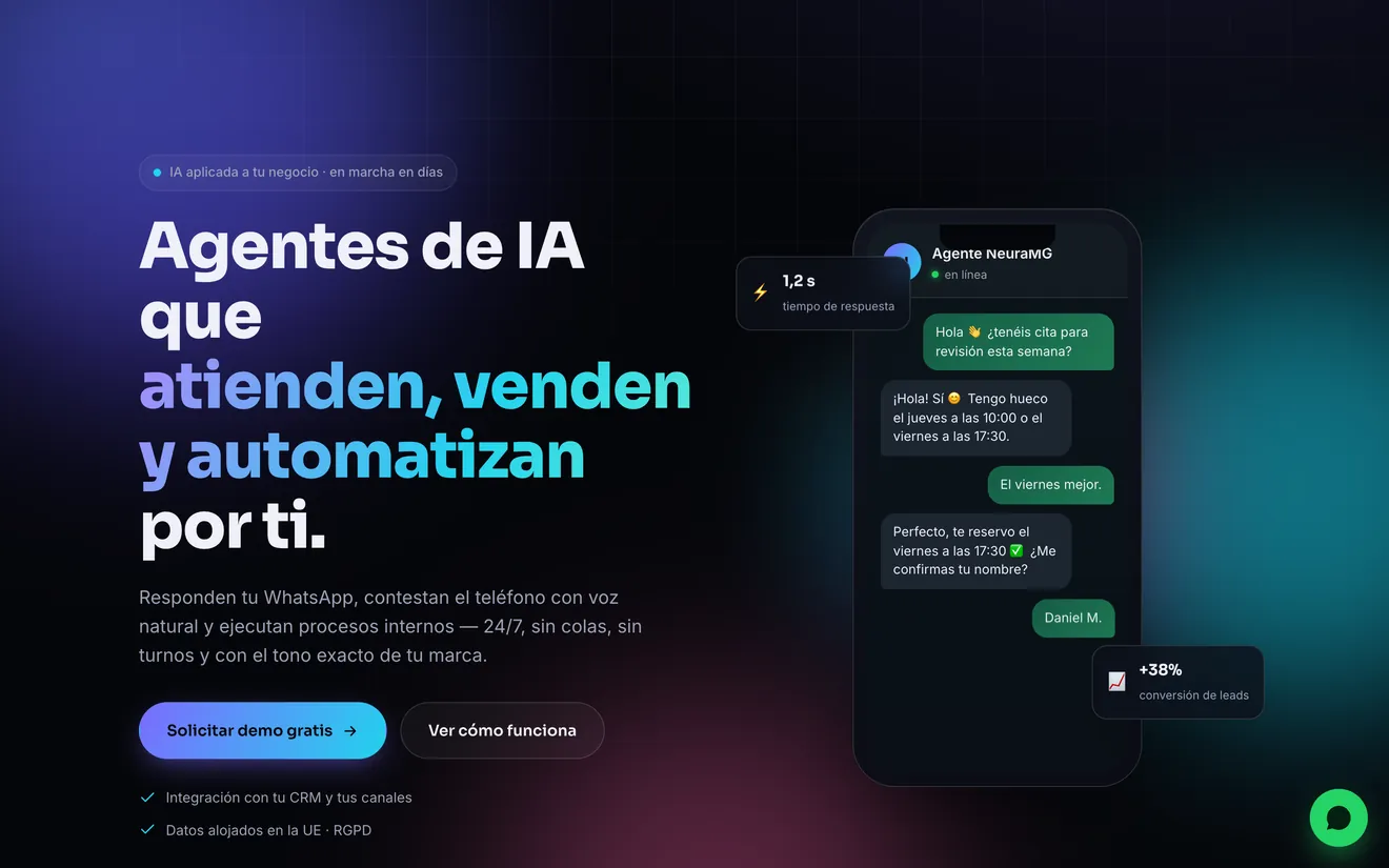 Portada de NeuraMG: fondo azul oscuro con una conversación de WhatsApp en la que un agente de IA concierta una cita