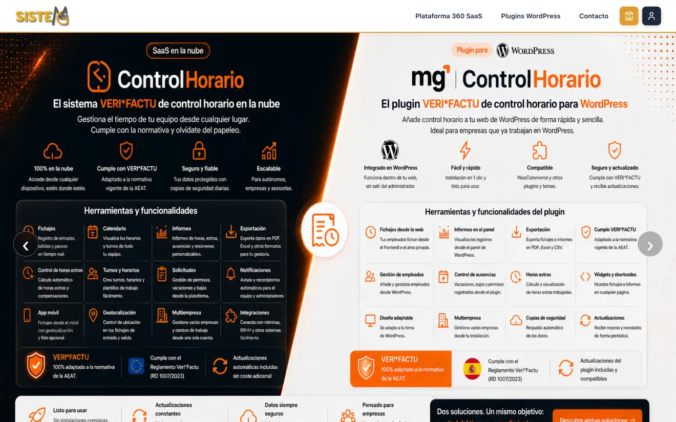 Portada de sistemasmg.es: catálogo de las aplicaciones Control Horario y FactuVeri sobre fondo negro y naranja